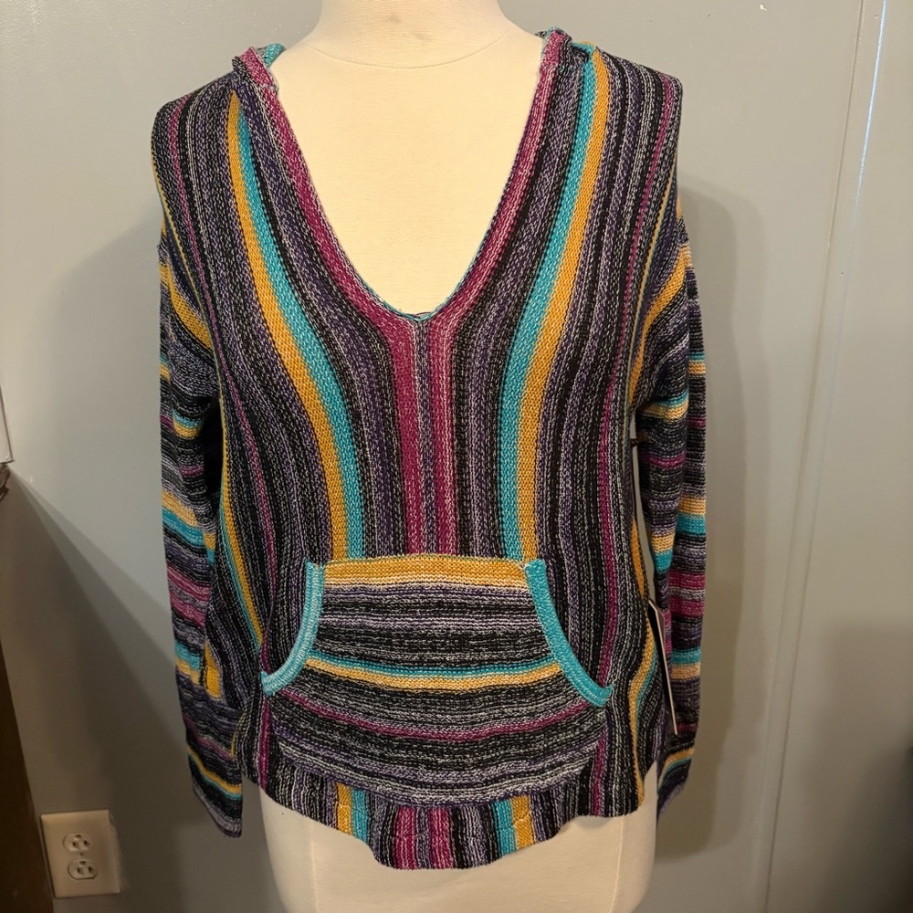 NWT Rock &‎ Roll Cowgirl Black Teal White Purple Yellow Striped Pullover (M)